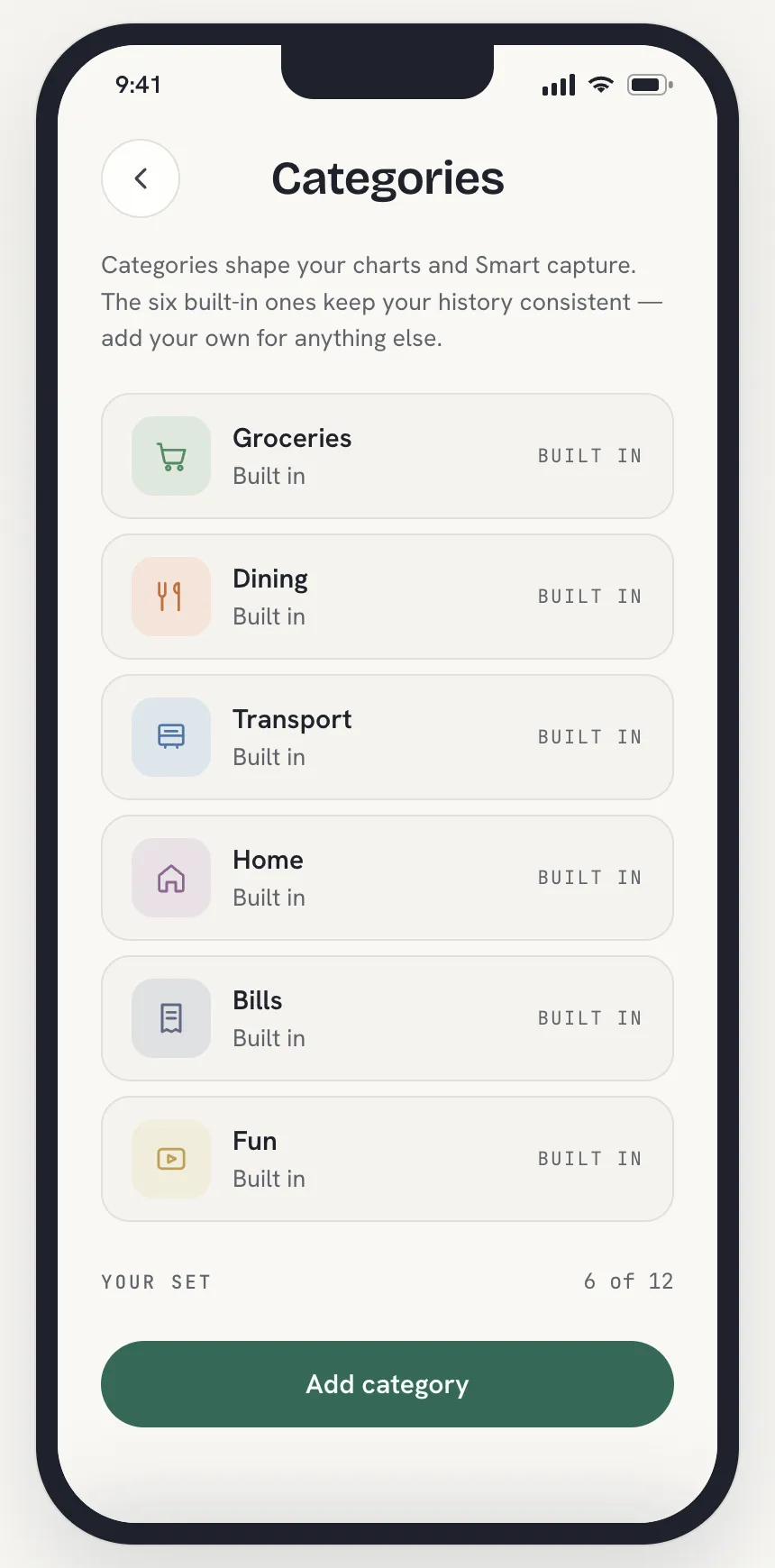 Trackly Categories screen with the six built-in categories and an Add category button