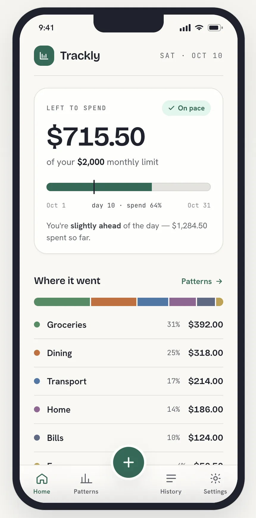 Trackly iPhone overview with remaining monthly balance and spending categories